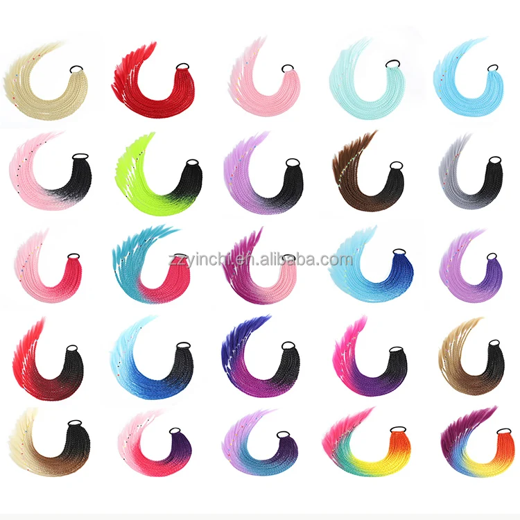 Ponytail Hair Holder Rubber Band Ring Wig 24 Inch Synthetic rainbow Braided for Kid Extensions