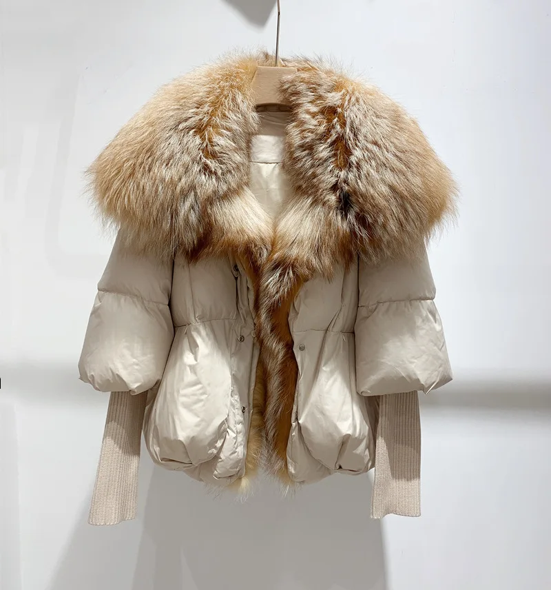 New Arrivals Puffer Bubble Goose Down Coat Women With Detachable Natural Silver Fox Fur Collar Thick and Warm Parka Women