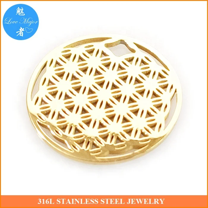 Mandala Design Gold Plated Stainless Steel Jewelry Round Hollow Medallion Charm of Fashion   Pendant
