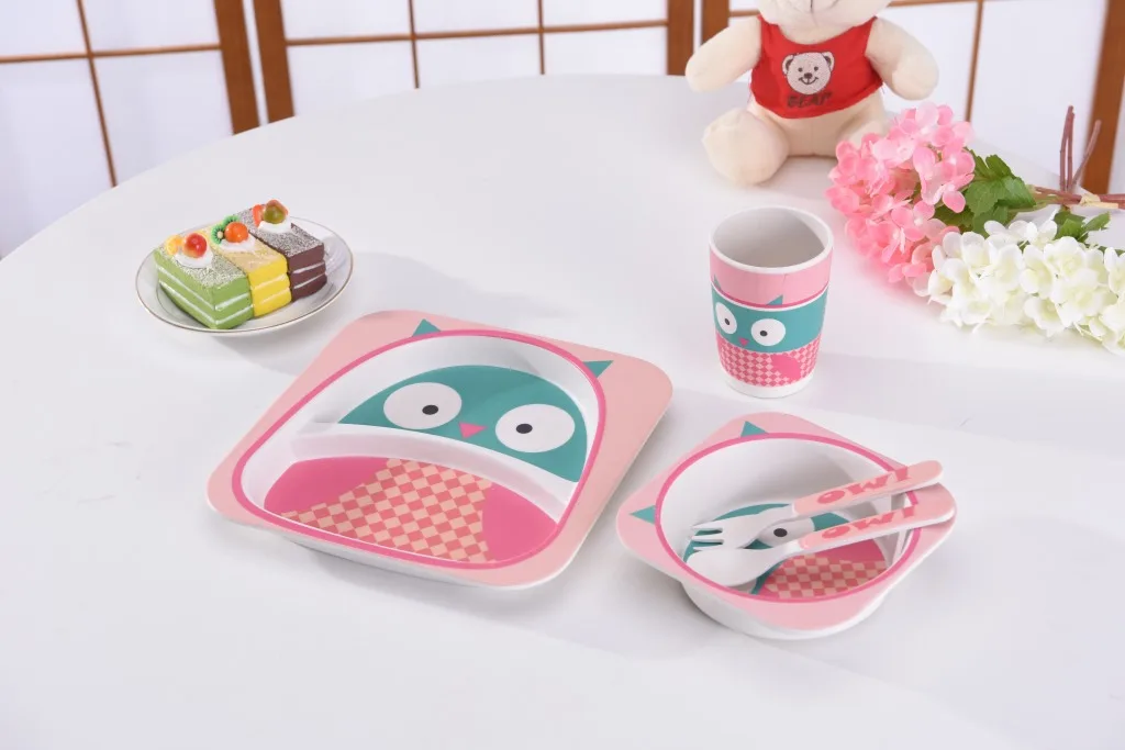 Customized bamboo fiber tableware children baby feeding set plate cartoon bowls for baby