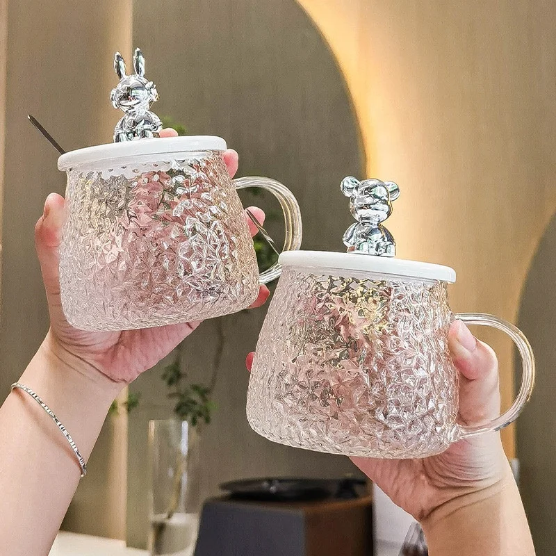 Ins Style 3D bear portable glass mug glass cups for drinking 15oz sublimation household glass milk tea coffee mugs with lid