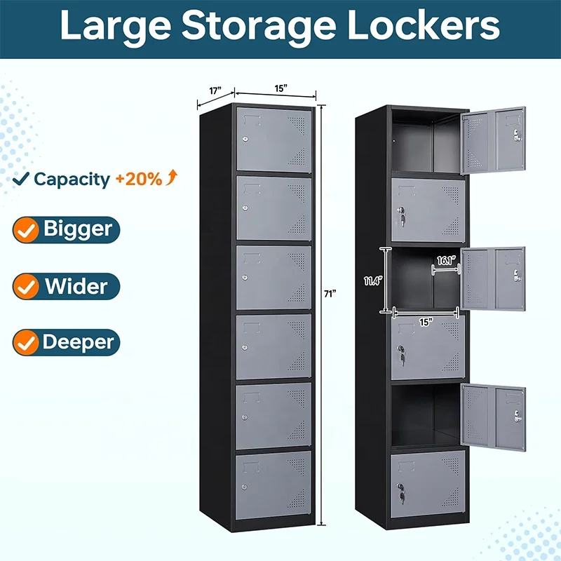 Modern 6-Tier Metal Locker with 6 Doors Bedroom Furniture Storage Unit for School Gym Office Mudroom Employee Lockers with Keys