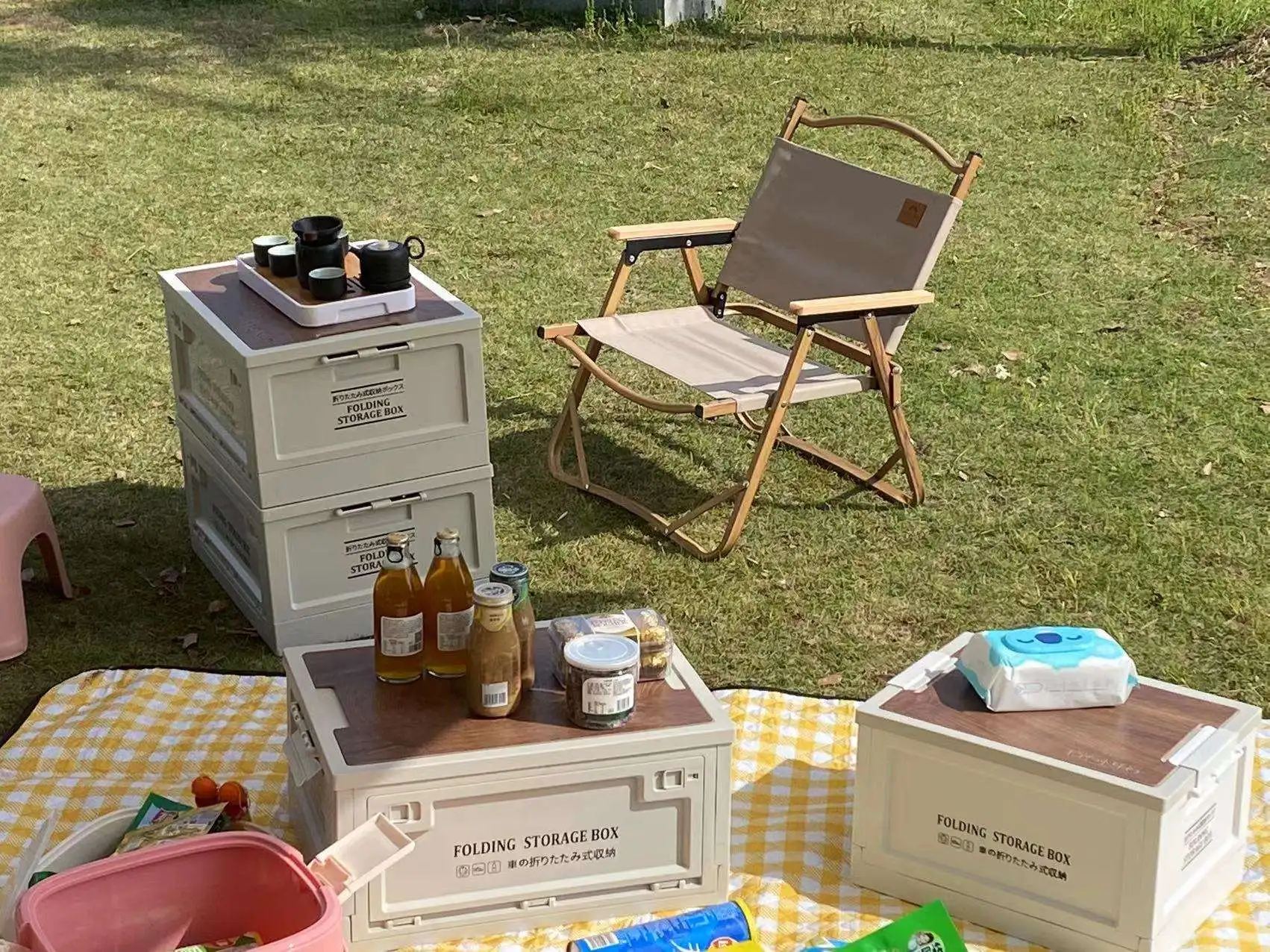 Car Toy Trunk Camping Garden Collapsible Plastic Folding Box With Wooden Lid