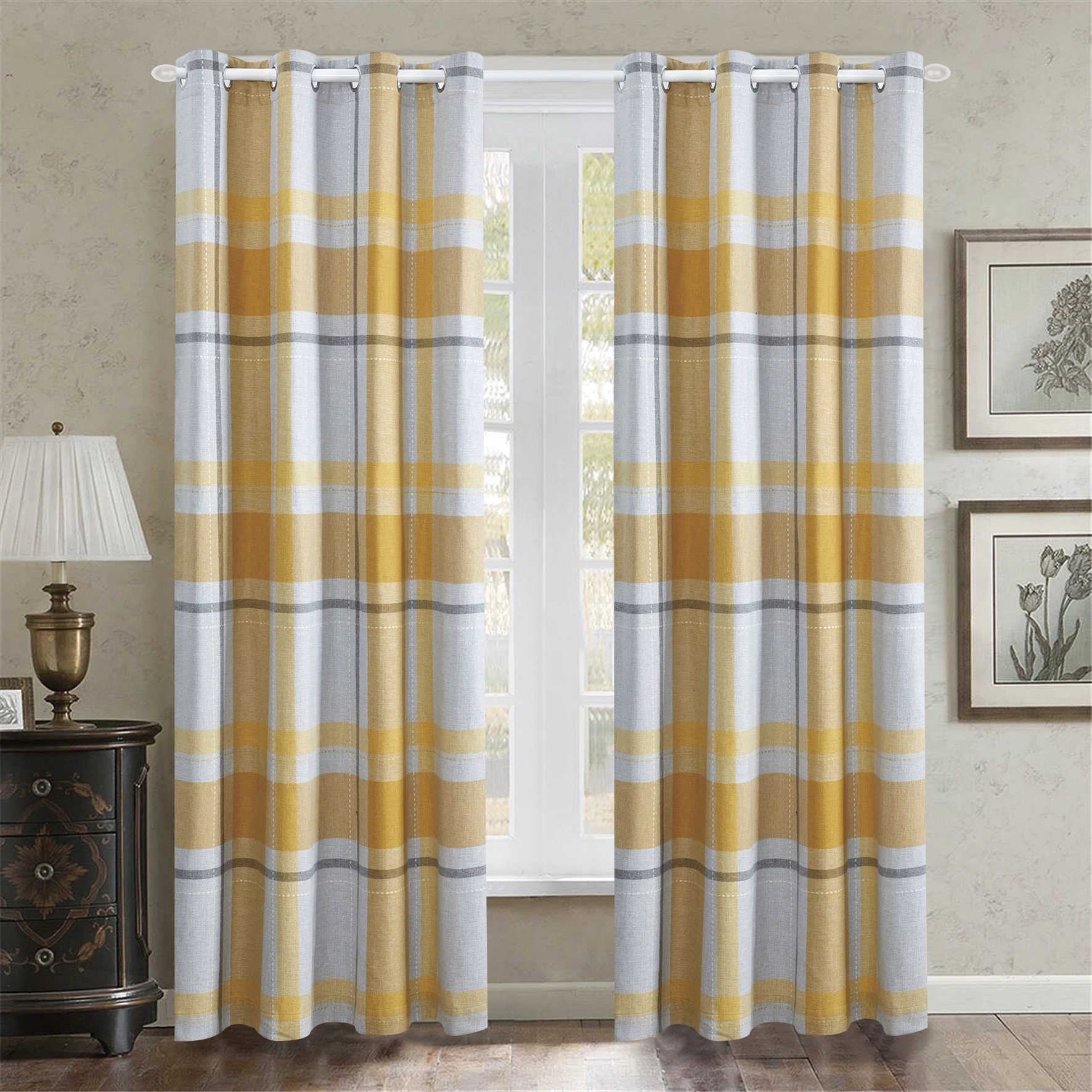 Amity Modern Plaid Polyestergrommet Curtains Double Plaid Jacquard Eyelet Decorative Curtains for Home Hotel 10 Window Curtains