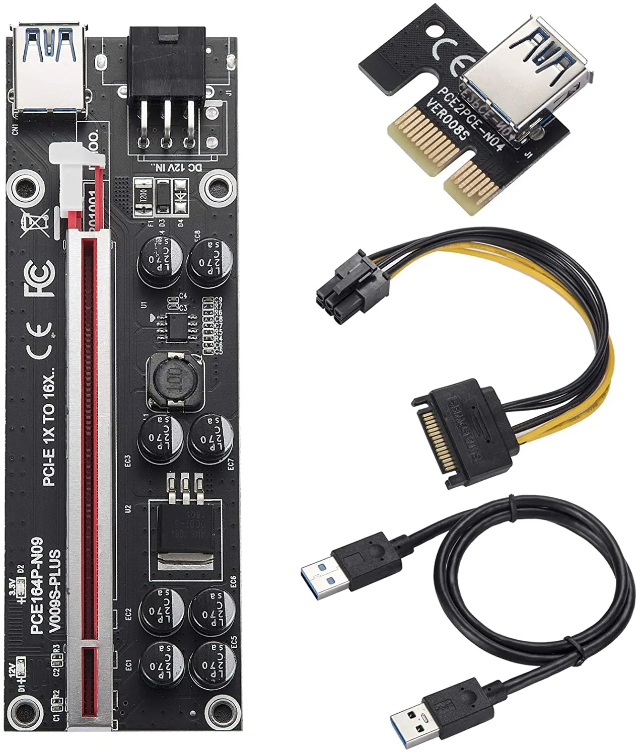 Райзер-карта VER 009s plus Pcie, переходник 6-контактный 1x до 16x PCI-E, Переходник USB 3,0, Кабель-адаптер, 8 твердых конденсаторов