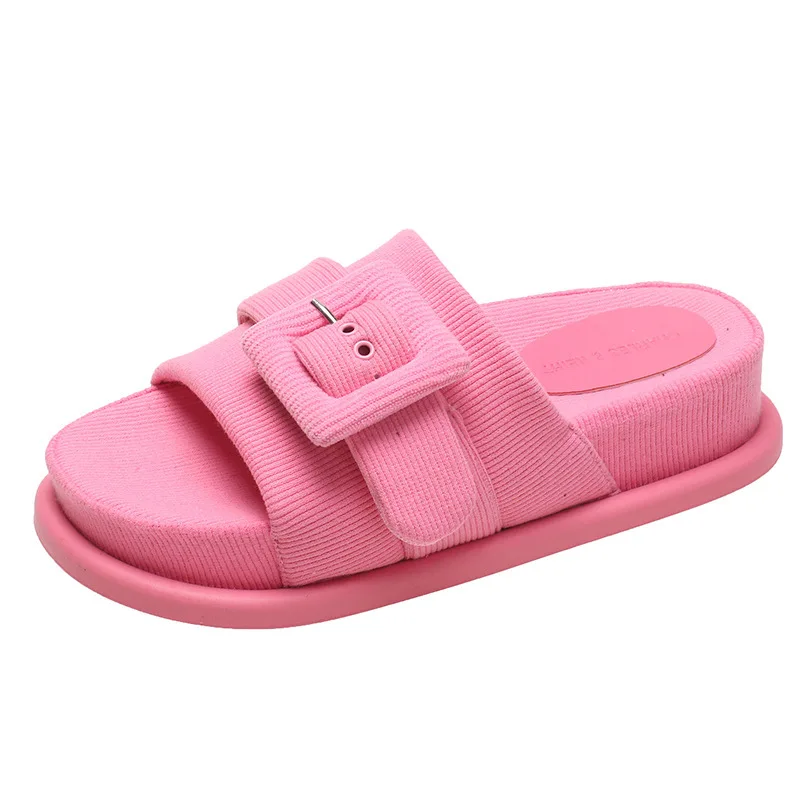 2024 Pantoufles Summer Colorful Lady Ins Retro Lady Metal Buckle Home Slippers Platform Fluffy Fur Slide Slippers For Women