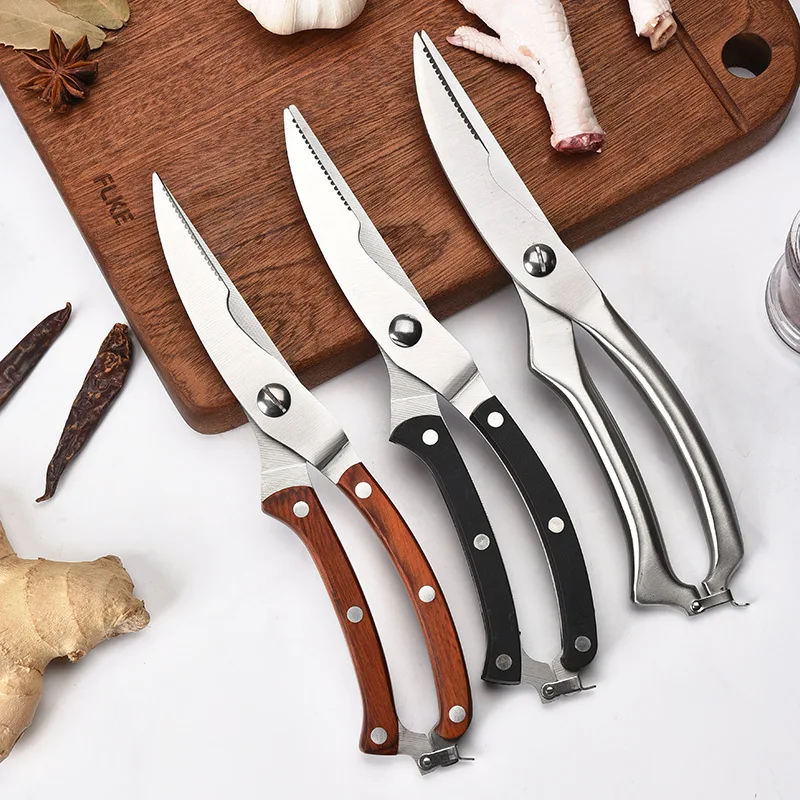 Hot Sale Wooden Handle Kitchen Scissor 304 Stainless Steel Strong Super Sharp Chicken Bone Scissors