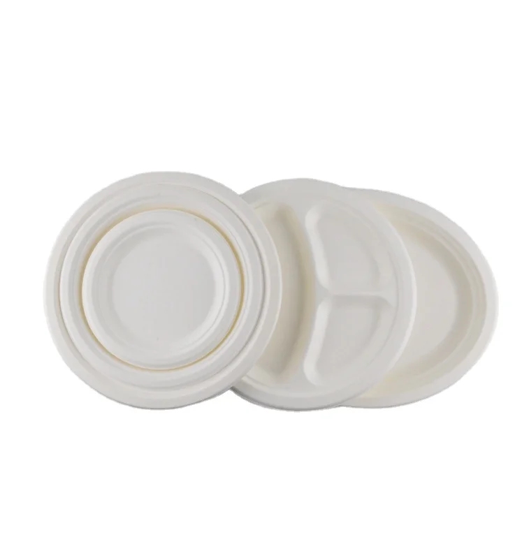Eco Friendly Microwavable Dish for Restaurant Biodegradable Sugarcane Pulp Round Food 8inch Patterned tray disposable plates
