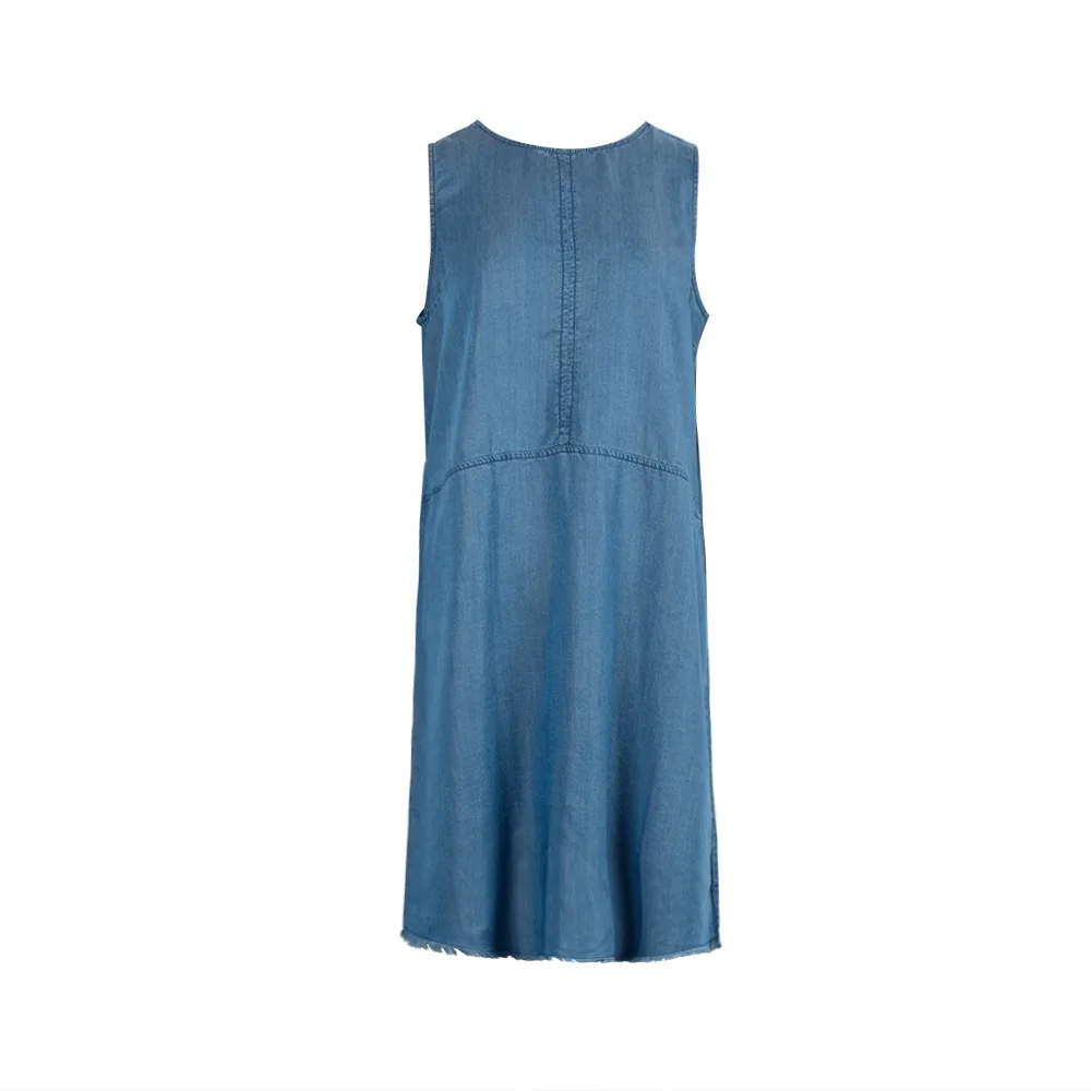lyocell material good quality soft elegant knee-length women summer sleeveless denim dresses