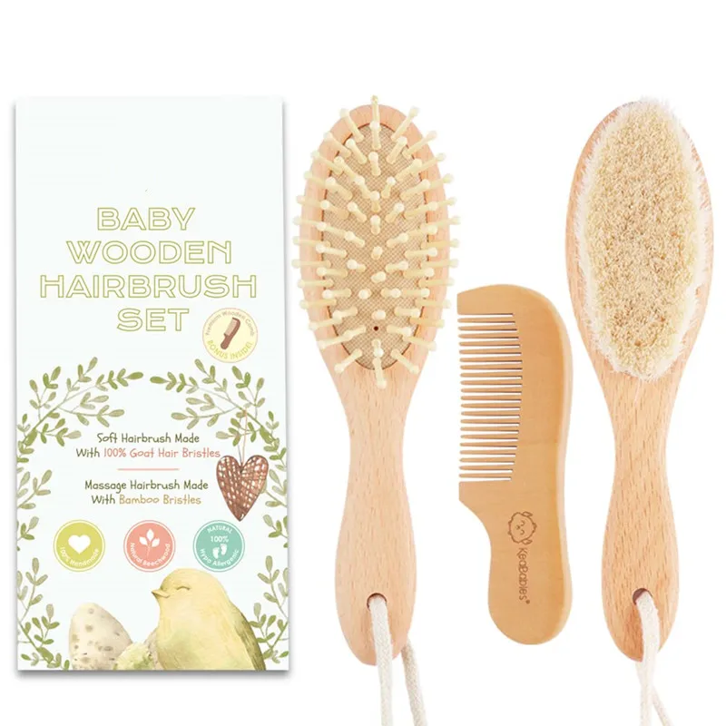Natural soft Goat Bristles bamboo Baby Hair Brush for newborn Wooden Baby Brush and Comb Set
