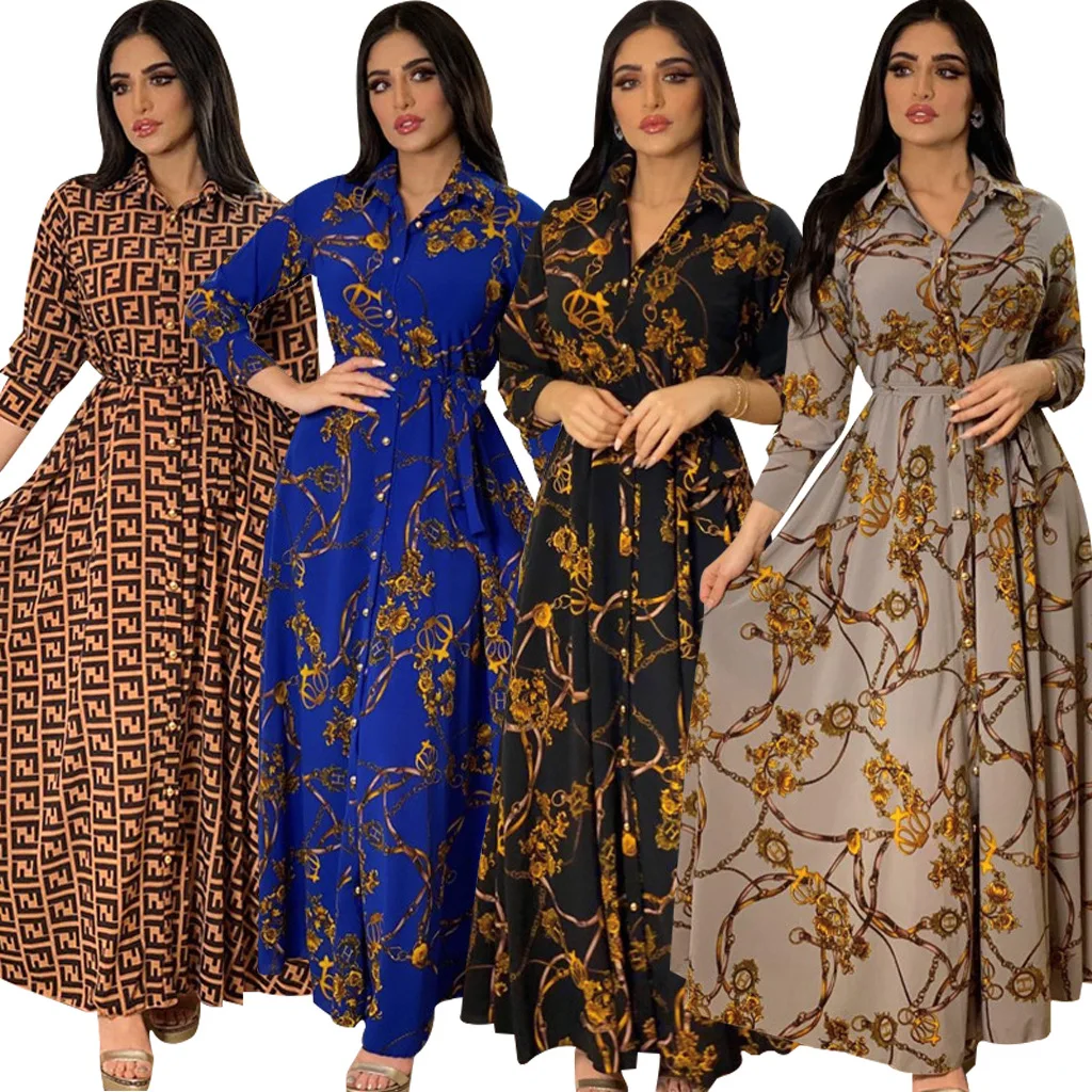 Latest Design Middle East Muslim Dress Indonesia Vintage Print Large Swing Skirt Shirt Dress Elegant Casual Dresses