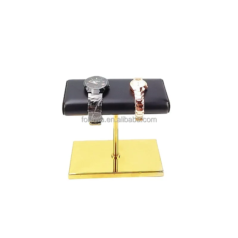 In stock wholesale Luxury watch display gold base rack leather pillow golden jewelry display stand