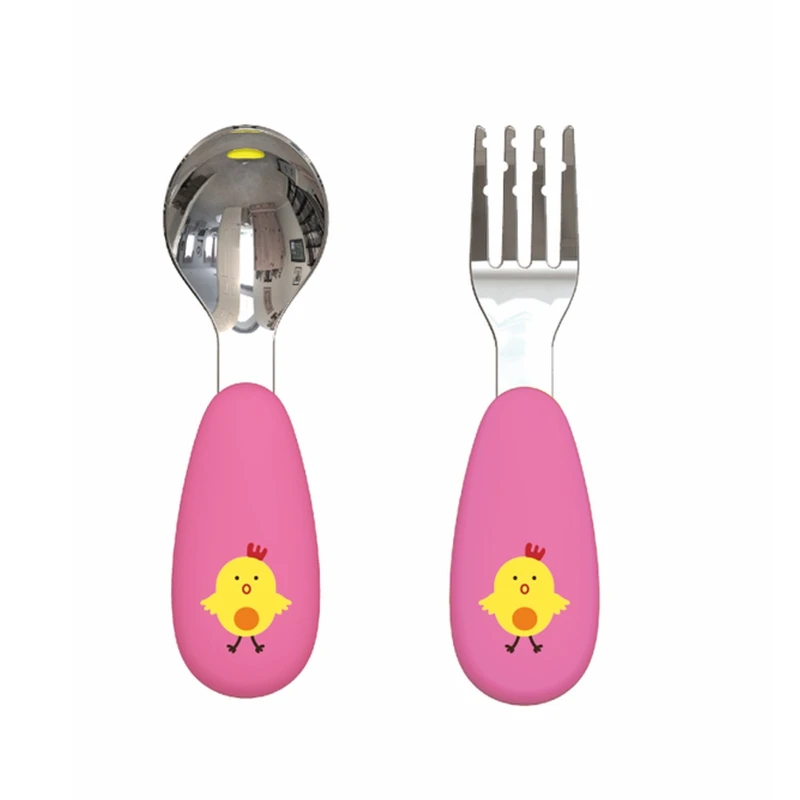 PINKAH bpa free silicone handle cover baby kids children stainless steel tableware set with spoon and fork