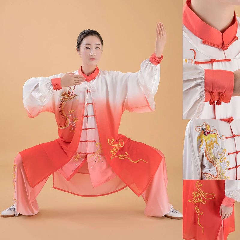 The new spring and autumn style gradient color dragon and phoenix embroidery three-piece martial arts suits and Tai Chi suits