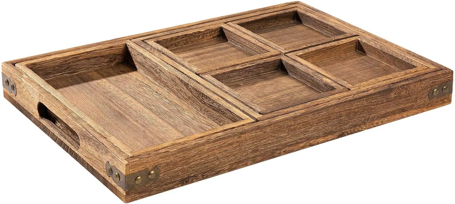 Rustic wooden tray with handle - 7-piece set of rectangular plates for entertainment, breakfast, coffee table wooden tray