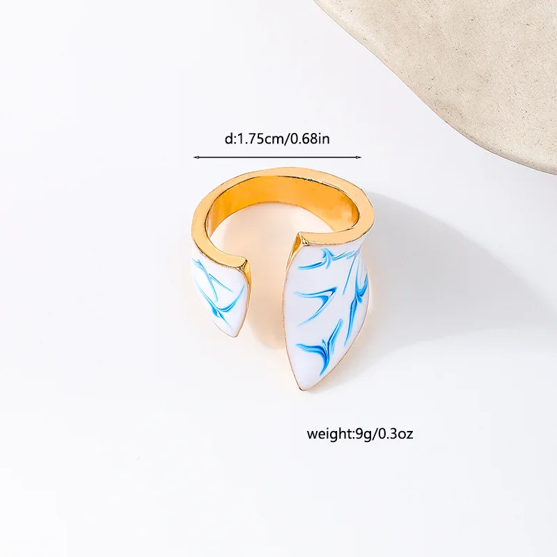 Fashion Unique Alloy Irregular Metal Blue and White Porcelain Ring Simple Design Ceramic Open Ring for Women Party Gift Jewelry
