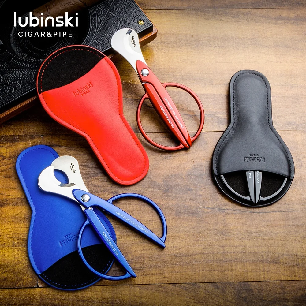 Lubinski Custom Cigar Cutter Stainless Steel Scissors can Laser Brand With Leather Case