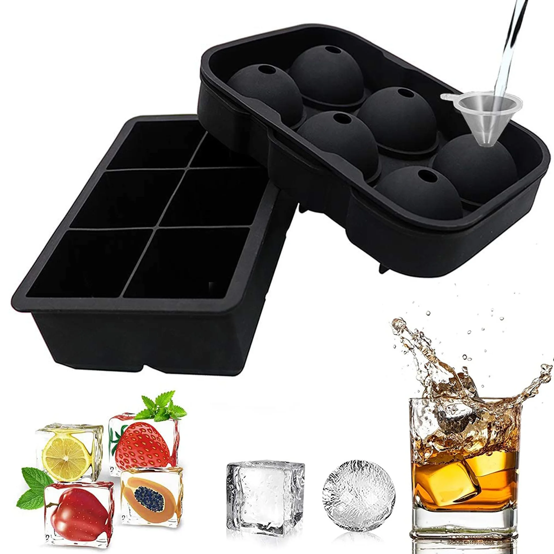 New 6 cavity Square shape ice Cube Tray Silicone ice Round ball Mold for Whisky Beer