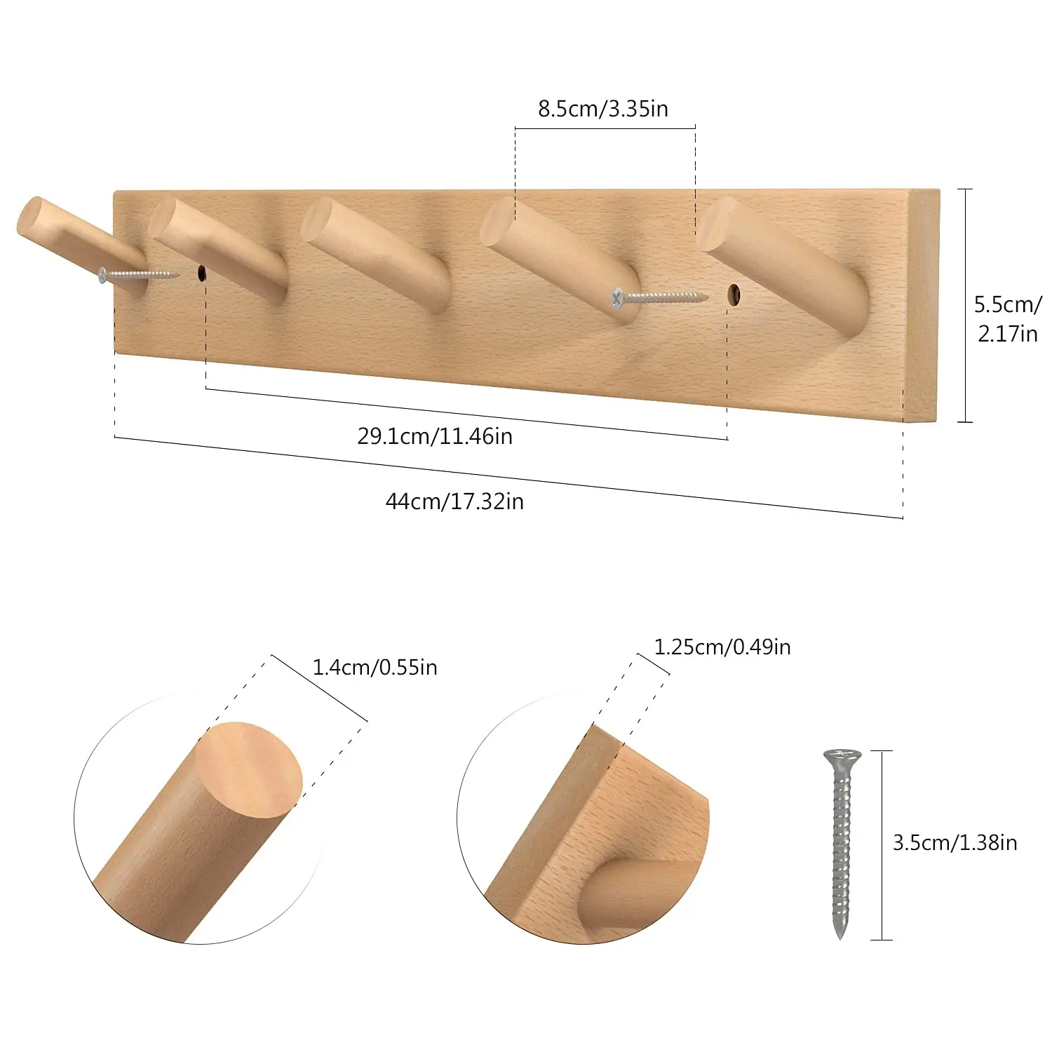 Wooden Wall Mounted Coat Rack, Natural Wood Duty Coat Hooks with 5 Pegs Wall Hooks