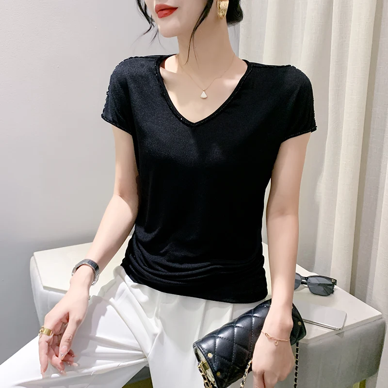 MadBlack European Clothes Tshirt Women Sexy V Necks Ruched Slim Tops Short Sleeve Bottoming Tees Summer New Hand Made T37535QM