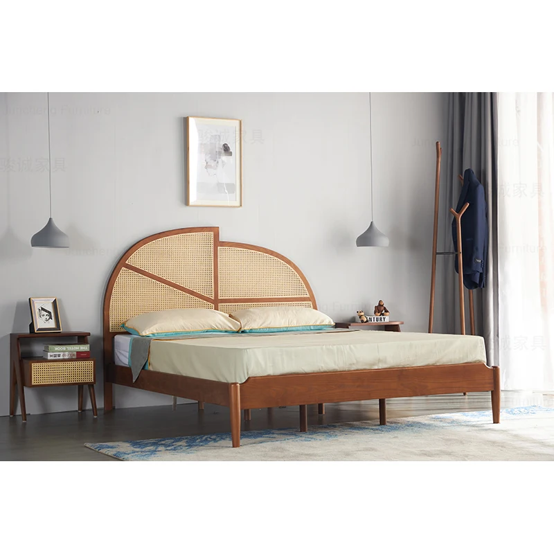 Modern Nordic Bedroom Furniture Solid Wood Bed Wooden Frame Bed Woven Rattan Cane Double 1.5m 1.8m  Bed
