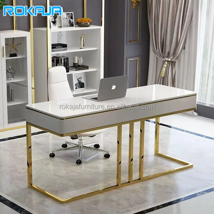 Minimalist Design Office Desk White Lacquer Ready Made Computer Desk With Drawers Office Home Furniture Shiny Titanium Desk