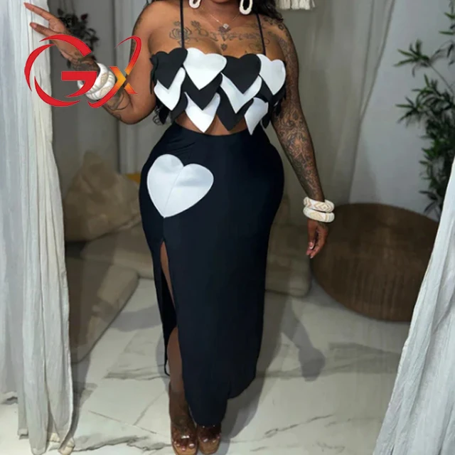 GX263Y Fashion Sexy Beach Outfit Summer Elegant Street Wear Women Unique Love Design Tank Top and Split Long Skirt 3 Piece Set