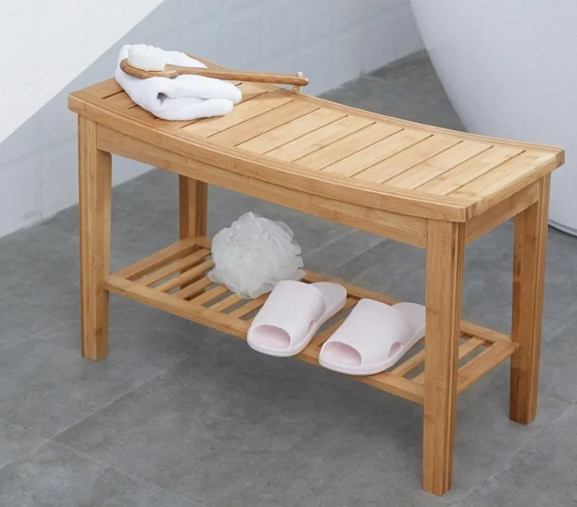Kangxi Bamboo Stool Shower Bench Stool With Shelf Wood Seat Bench For Indoor Or Outdoor Use Spa Bath Bench With Storage Shelf