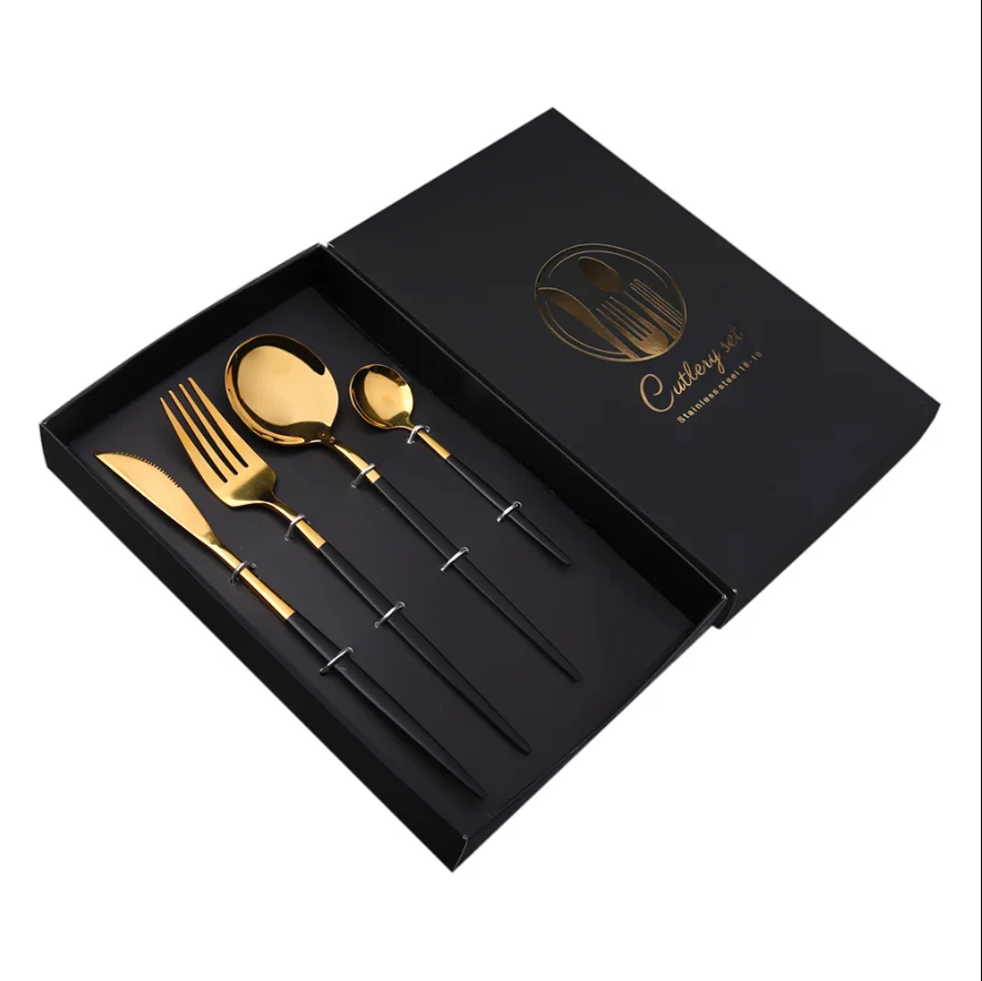 Hot sale customized colors Stainless Steel Knife Fork Spoon cutlery Set Gold black with gift box