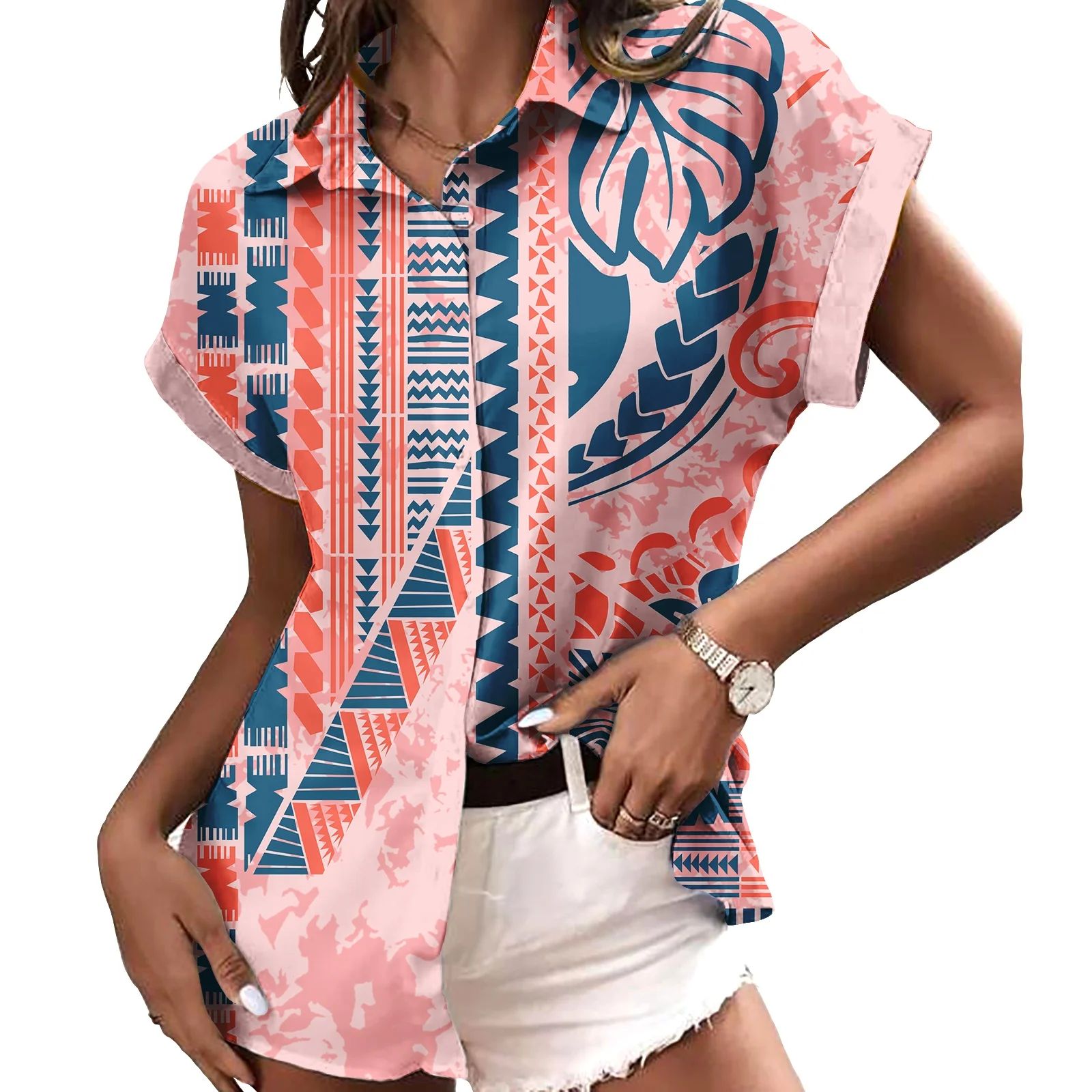 Turn-Down Neck Ladies T Shirt Tops Custom Casual Floral Printed Hawaii Polynesian Tribal Design Oversized Blouse For Women