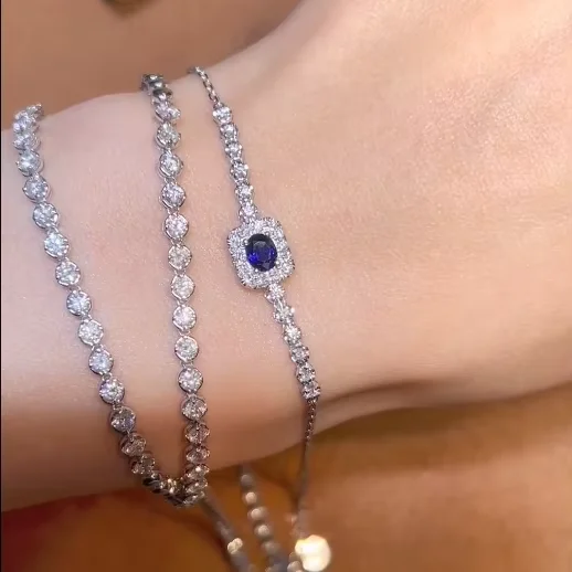 Simple INS Style 18K White Gold Jewelry Natural Royal Blue Sapphire Tennis Bracelet Fashion Accessory Charm Bracelet