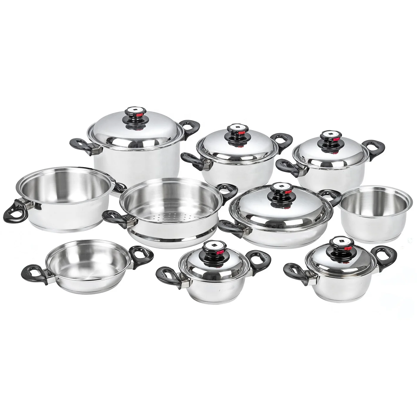 Waterless greaseless cookware Surgical stainless steel 304 cookware set 16pcs pot and pan wide rolled edge