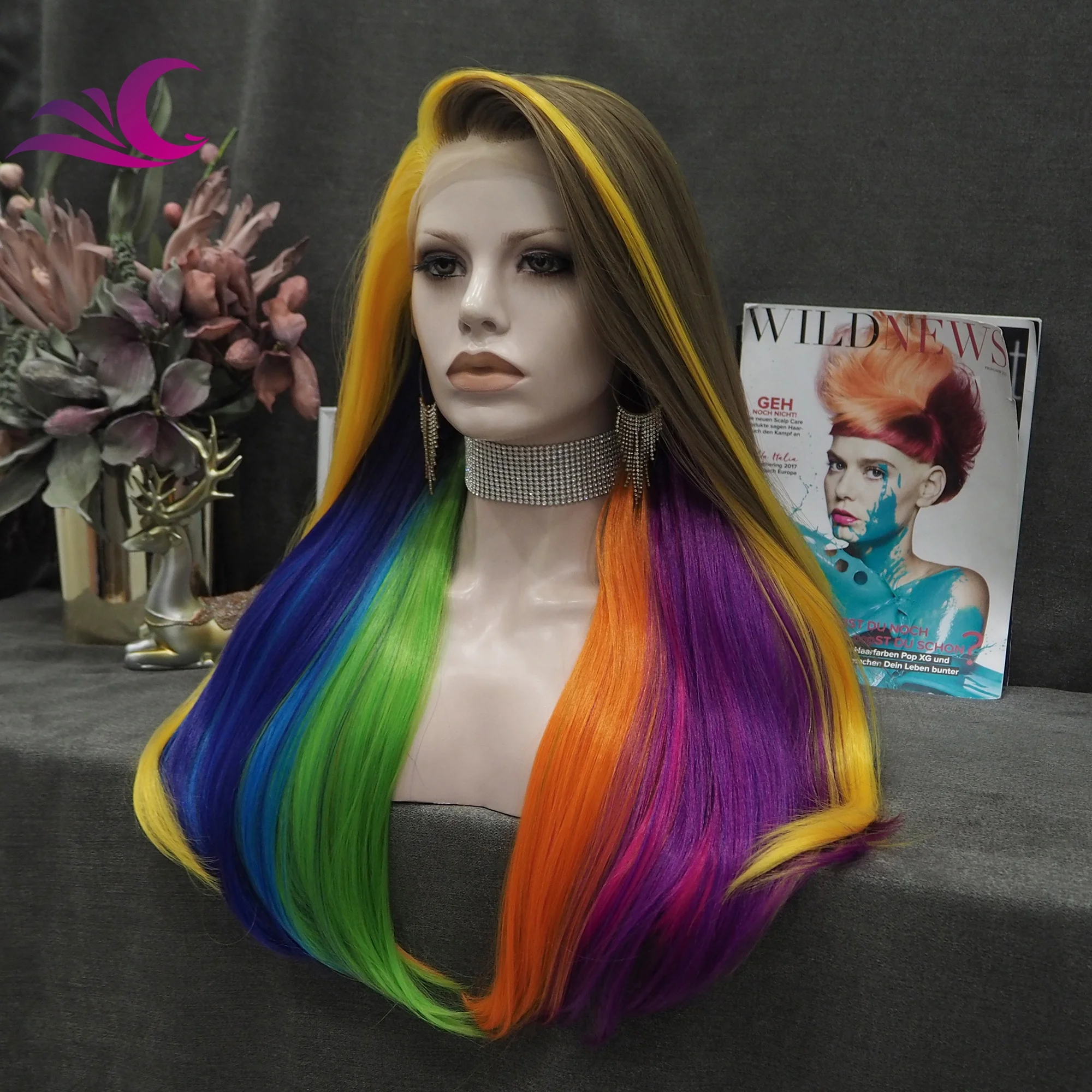 Celebrity Ombre Brown Rainbow Multicolor Wig Silky Straight Heat Resistant Fiber Synthetic Lace Front Wig for Cosplay