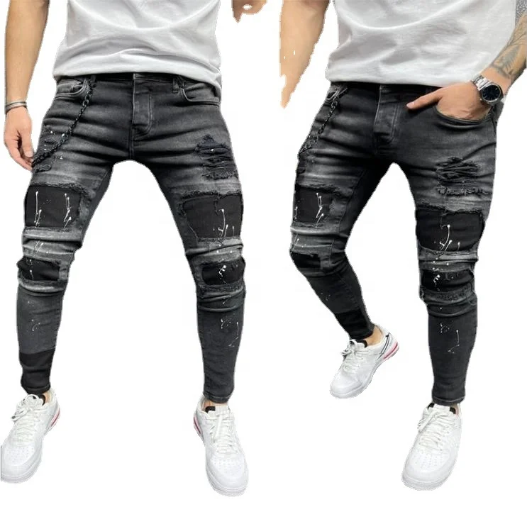 SKYKINGDOM gz longchan designer jeans men usa ripped black men strech jeans skinny men jeans