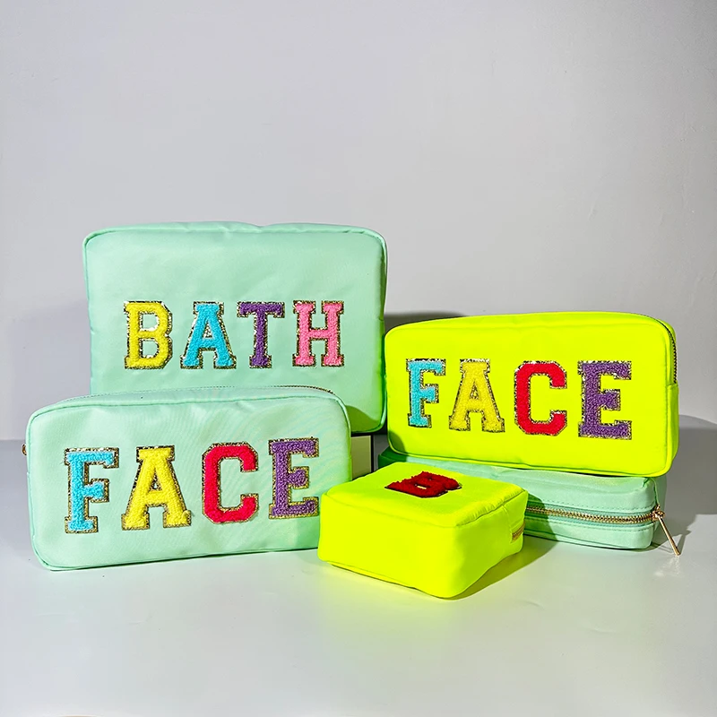 YIMYIK Custom Logo Embroidery Nylon Wash Cosmetic Bags Diy Colorful Letter Patch Make Up Bag