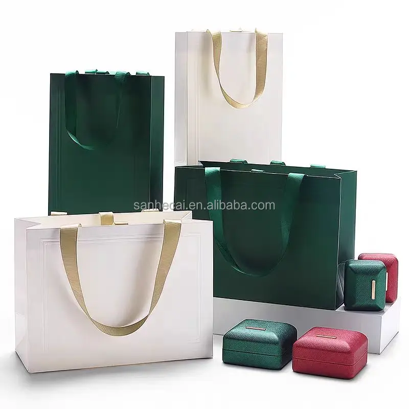 Custom Handmade Ivory Board Kraft Paper Bag with Ribbon Embossing for Jewelry & Cosmetic Boutique Gift Packing