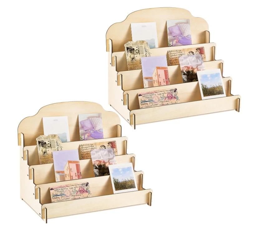 4 Tier Greeting Wooden Sticker Display Stand Portable Card Rack Multipurpose Holder for Cards Stickers Photos