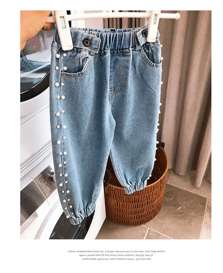 
2020 autumn Korean kids children beaded light-colored beam casual trousers pearl Girls long jeans 