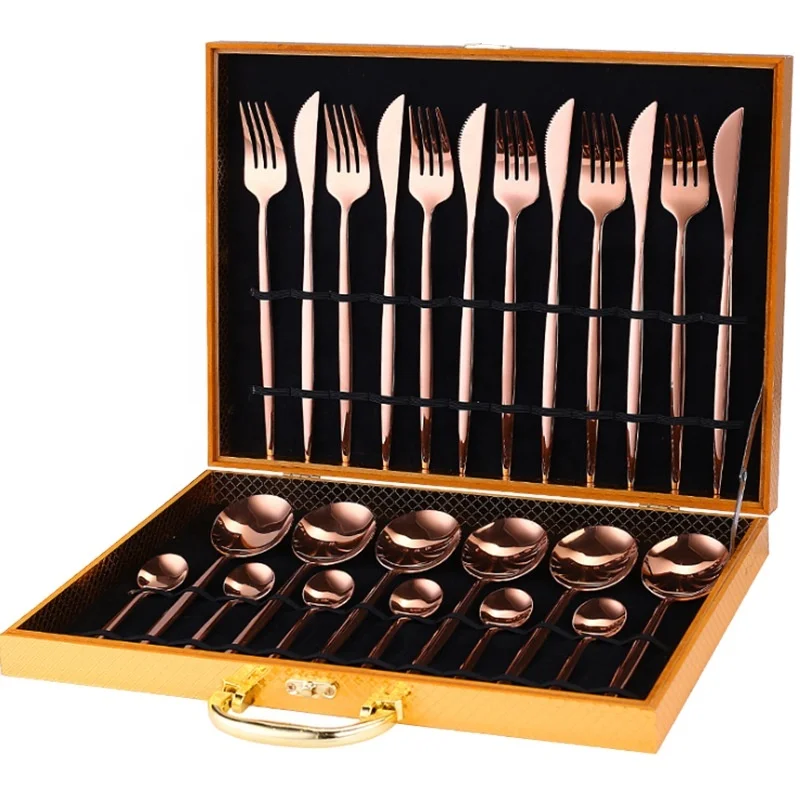 Amazon Utensil Fork Knife Spoon black gold flatware stainless steel cutlery 24pcs set with wooden box