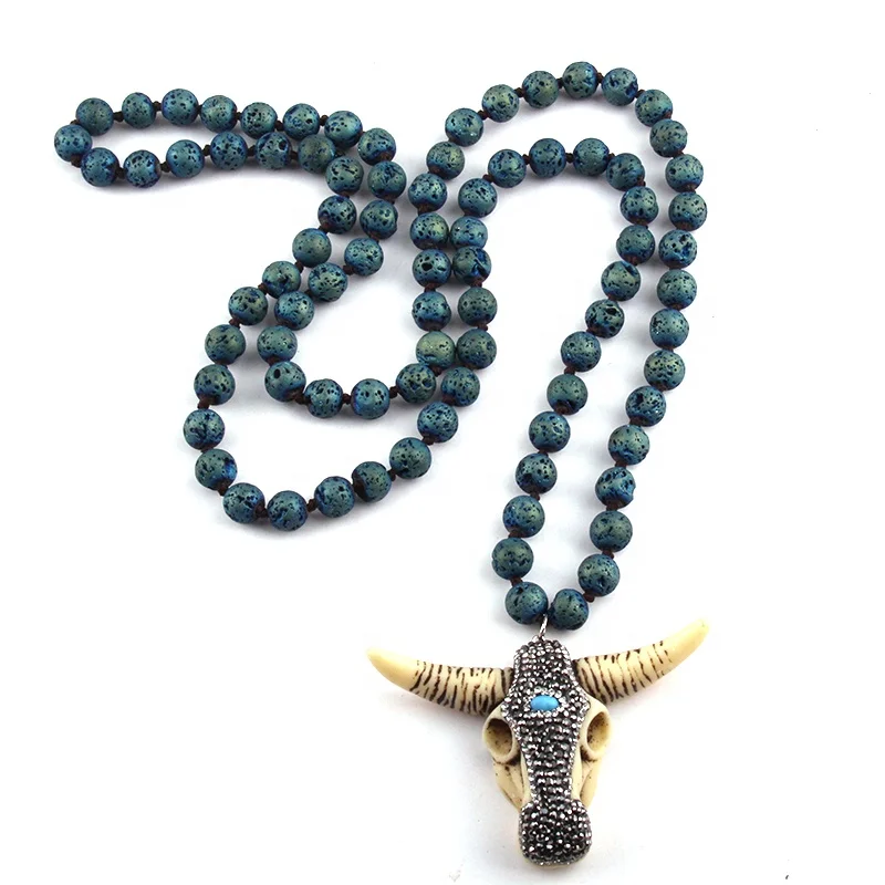 Bohemian Tribal Jewelry Lava Stone Necklace Knotted Handmade Rhinestone Paved Buffalo Skull Bull Horn Head Pendant Necklace
