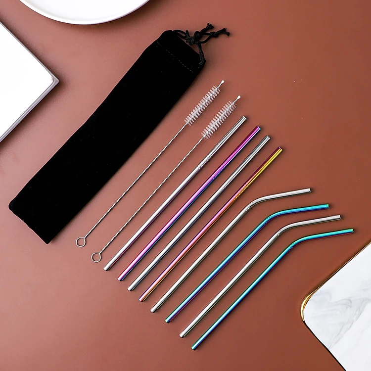 
Retail custom cheap reusable stainless steel drinking straw good price christmas colored metal straws with bag 