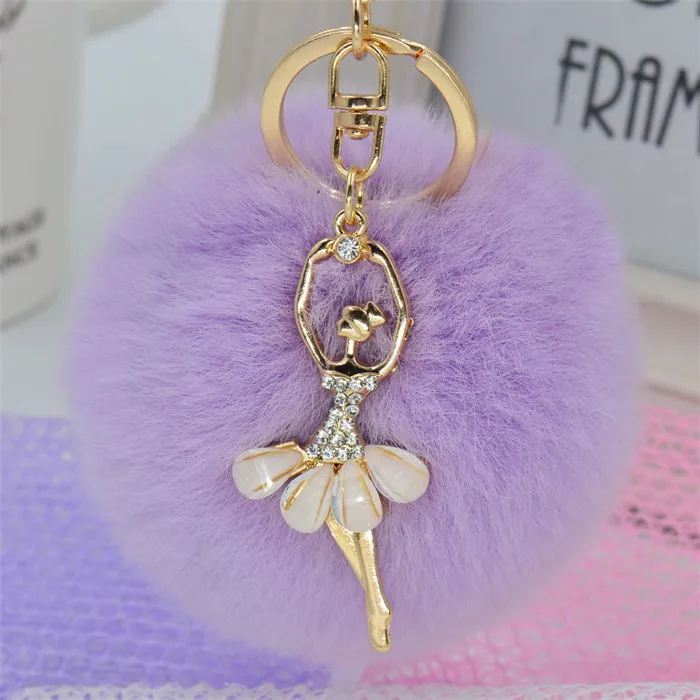 Hot Fashion Women Fur Ball Ballet Dancer Pom Pom Charm Car Keychain Handbag Key Ring Pendant