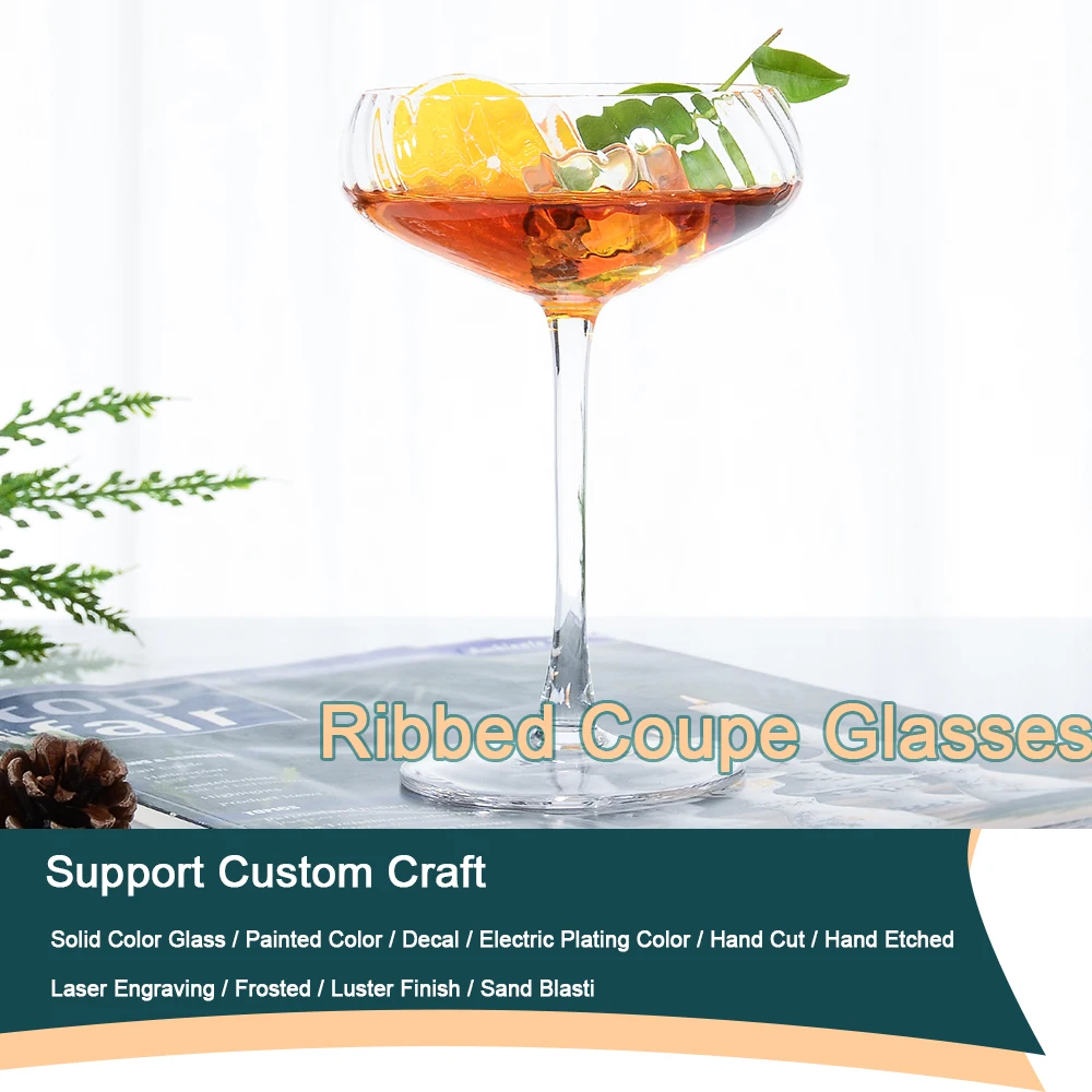 280ml Unique Creative Vintage Stemmed Ribbed Martini Glasses Set Ice Cream Coupe Cocktail Glasses for Wedding Birthday Gift Box