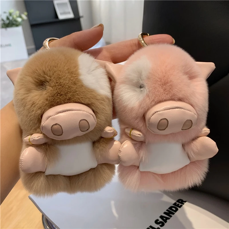 Real Rex Rabbit Fur Pig Car Pendant Plush Toy Cute Pig Bag Pendant Plush Keychain