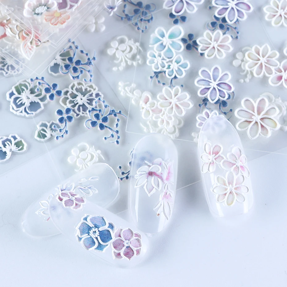 5D Embossed Nail Sticker Decals Blooming Flower Acrylic Engraved 3D Slider Manicure Embossed Nail Art stickers