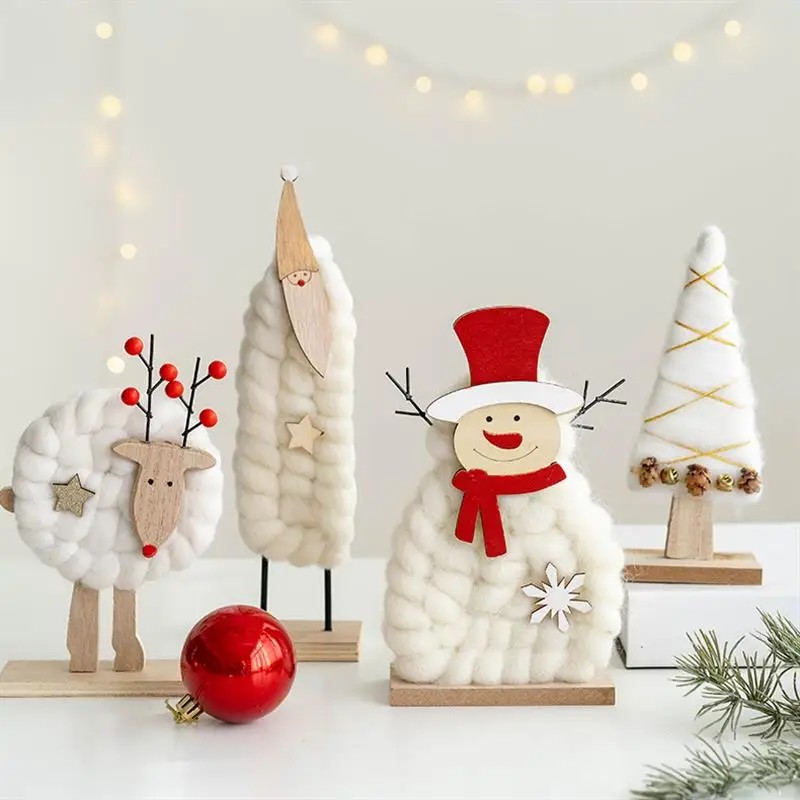 Xmas Gift Idea Window Room Tabletop Decoration Wool Felt Sheep Figure Reindeer Wooden Christmas Ornaments For Home