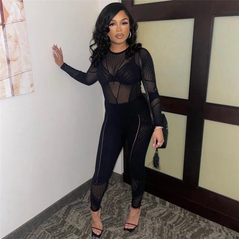 Wholesale fashion black hollow out see through bodycon jumpsuit long sleeve knitted one piece jumpsuits women