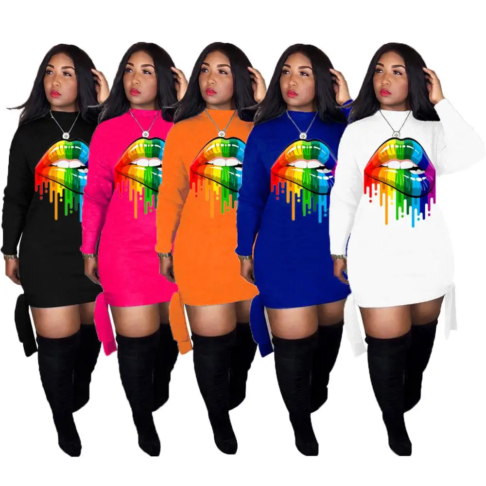 
2021 Hot selling lip printed casual women autumn winter long sleeve 3xl plus size dress & skirts 