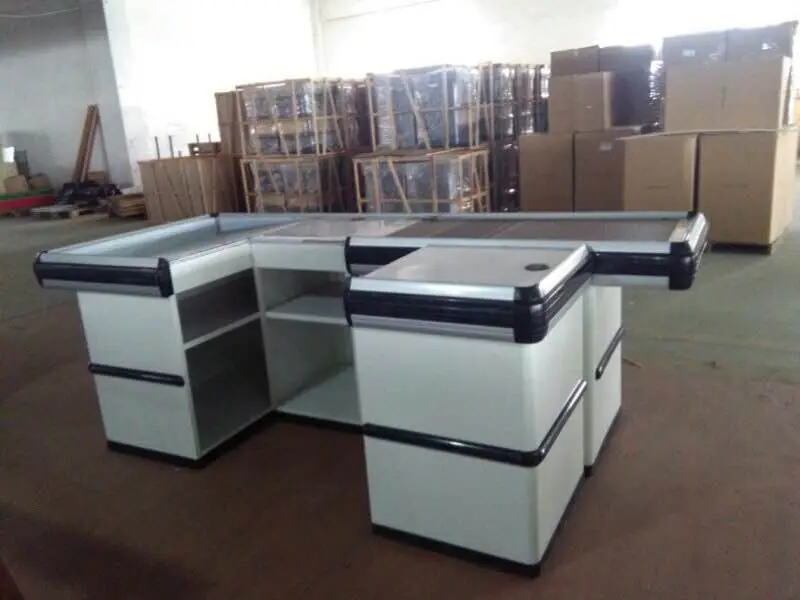 Supermarket Design Retail Cash Register Table Checkout Counter Cashier Desk With Conveyor Belt For Sale