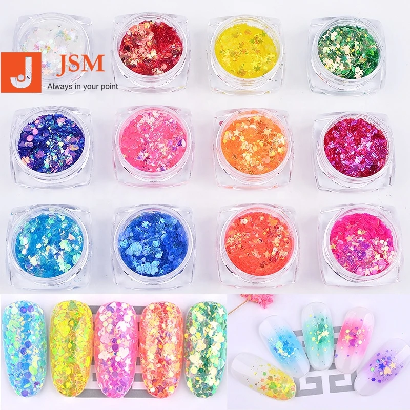 Salon  12 Pcs 3d Mixed Star Heart Round Nail Art Sequins Glitter Set Flake Nail Paillette Sparkling Decorations